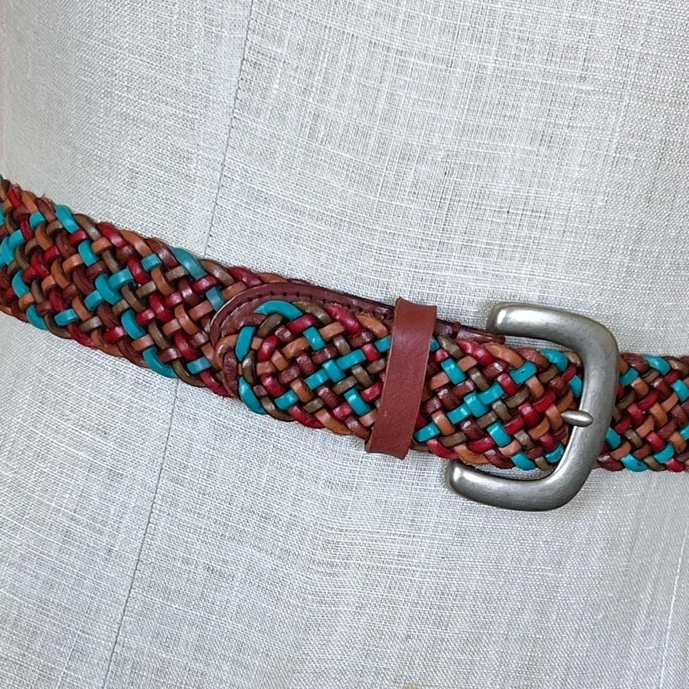 Fossil Genuine Leather Woven Braided Brown Turquoise Red Belt Casual Western